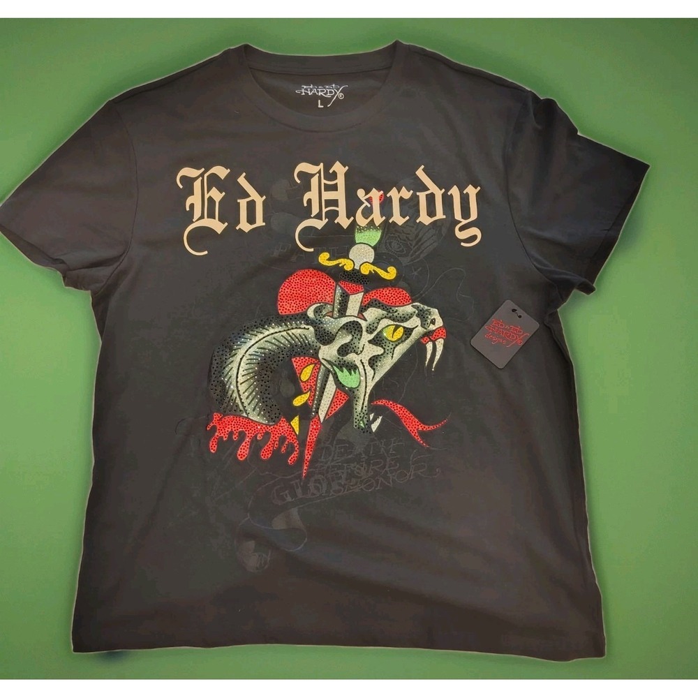 Ed Hardy Y2K‎ Grunge Snake Rhinestone, Grey Shirt Mens Sz Large A5